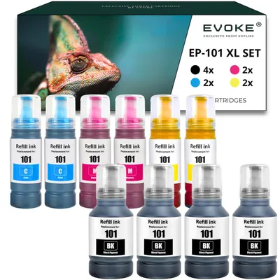 Produktbild von Evoke kompatible Tinte für Epson 101 XXL 10x :4x Pigmentschwarz+2x Cyan+2x Magenta+2x Gelb 980 ml 66000 Seiten L4150 L4160 L4260 L4266 L6160 L6170 L6190 L6196 L6260 L6270 L6290 L14150