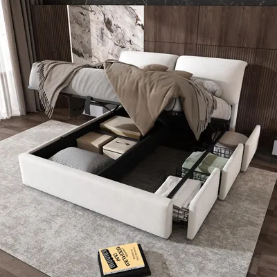 Zdjęcie produktu dla Łóżko tapicerowane, 140 x 200 cm, z hydraulicznym pojemnikiem na pościel, szufladami, stelażem, idealne do sypialni i pokoju gościnnym, obicie z weluru, kolor beżowy