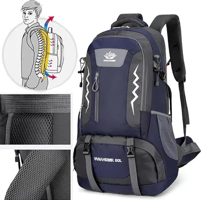 Produktbild von OKWISH Rucksäcke mit 60L wasserdichter , Wanderrucksack, Reiserucksack, Rucksack mit großem Fassungsvermögen, Dunkelblau