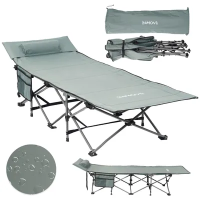 Produktbild von 24MOVE® Feldbett Campingbett bis 150 kg In-und Outdoor Camping faltbar mit Seitentasche und Kissen