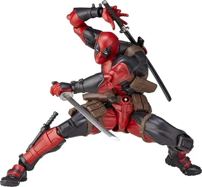 A dynamic action pose of a Deadpool action figure.