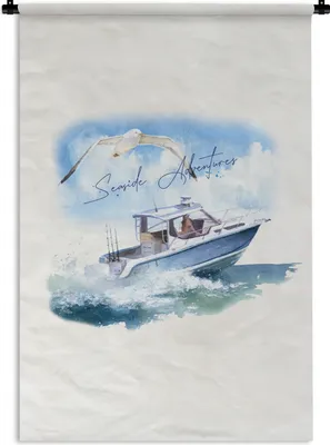 Produktbild von MuchoWow® Wandteppich Wandbehang Boot - Vogel - Meer - Aquarell 90x135 cm Tapisserie Dekoration Wandtuch - Baumwolle - Wandskulptur