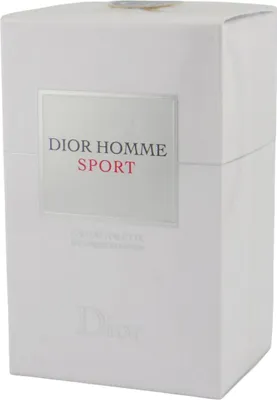 Rechteckige Schachtel des Herrendufts Dior Homme Sport, 50ml, modernes Design mit silberner und roter Schrift auf weißem Karton.