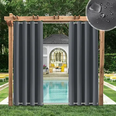 Produktbild von 2er-Set Outdoor Vorhang Gardinen Verdunkelungsvorhang Blickdicht, Garten Patio Balkon Wasserdicht Sonnenschutz & Sichtschutz Outdoorvorhäng (132*238cm, Dunkelgrau, mit Ösen Oben und Unten)
