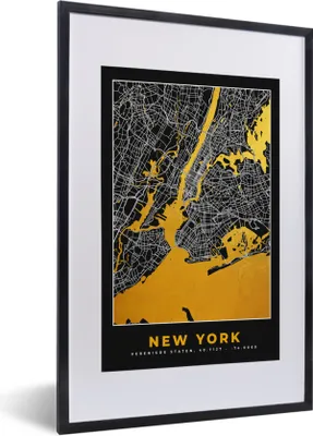 Produktbild von MuchoWow® Gerahmtes Poster New York - Stadtplan - Gold - Karte 40x60 cm - Poster mit Schwarzem Bilderrahmen Wandposter Rahmen Foto Bilder - Poster in Rahmen
