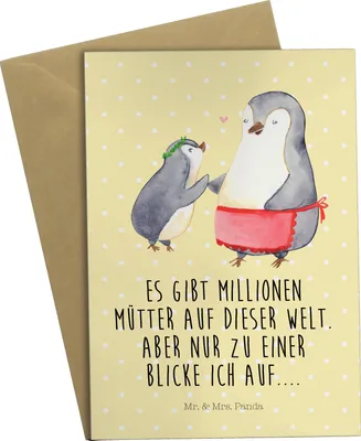 Produktbild von Mr. & Mrs. Panda babykarte Pinguin mit Kind - Gelb Pastell - Geschenk, osterkarte, Muttertag, kommunionskarte, weihnachtskarten, Mama, Vorbild, Grußkarten, Mutter