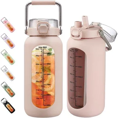 Productafbeelding van 2000 ml Borosilicaatglas Waterfles met Roestvrij Handvat en Tijdmarkering - 2 Liter Drinkfles met Siliconen Hoes en Rietje voor Sportsch