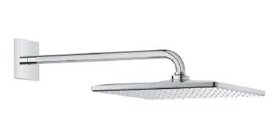 A chrome shower head and arm mounted on a white wall.
