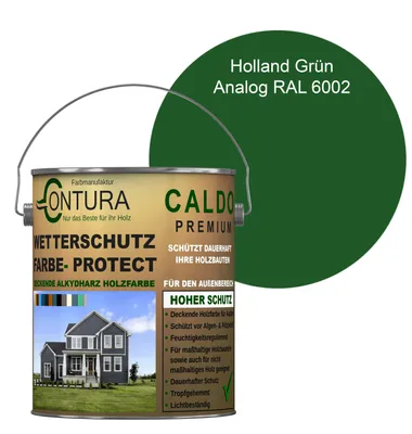 Produktbild von Contura 2,5Liter Wetterschutzfarbe Holz Dauerschutzfarbe Deckend Buntlack Holzfarbe Holzlasur Seidenmatt - Holland Grün - RAL 6002 Analog