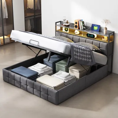 Produktbild von INONEFT Polsterbett Boxspringbett 140x190 cm mit LED und USB-Ladegerät, Jugendbett Doppelbett mit Lattenrost und Hydraulisches Stauraum, Leinen, Grau