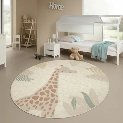 Produktbild von Kinderzimmer Teppich mit Giraffenmuster in creme beige Größe - 120 cm Rund