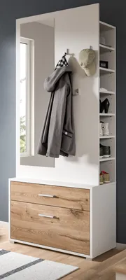 Produktbild von Kompaktgarderobe "Pallas" in weiß und Eiche Garderobe mit Spiegel 80 x 190 cm