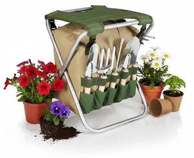 Immagine prodotto di Set di 5 utensili da giardino Unyqoos® per lavori di giardinaggio, che include: una sedia pieghevole con struttura in acciaio robusta, una borsa da trasporto con tasche esterne, utensili con manici in legno e guanti