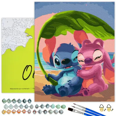 A paint-by-numbers kit featuring Stitch and Angel characters on a beach under a leaf.