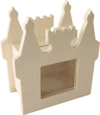 Zdjęcie produktu dla Drewniana skarbonka w kształcie zamku o wymiarach 10,5 x 12 cm