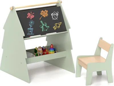 Produktbild von GOPLUS Kinder Staffelei und Stuhl Set, baumförmige Malstaffelei mit doppelseitiger Tafel, stehende Kindertafel mit Spule & Ablagefläche, Grün