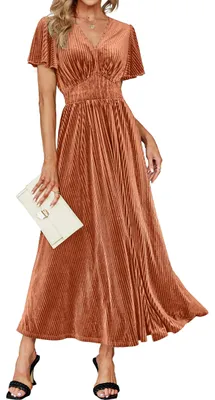 Produktbild von Simplee Damen-Maxikleid mit V-Ausschnitt, Samt, Kurze Ärmel, Empire-Taille, lang