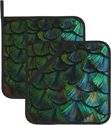 Produktbild von Topflappen-Set mit Pfauenfeder-Motiv, 2-teilig, hitzebeständig und rutschfest, für Küche, Kochen und Backen, 20,5 x 20,5 cm