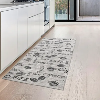 Produktbild von Küchenläufer grau mit Gelrücken und Schriftzug in schwarz Größe - 80 x 150 cm