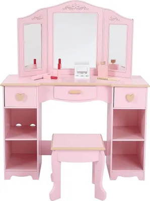 Produktbild von Kinder Schminktisch mit Stuhl - Frisiertisch aus Holz - Dreiteiliger Klappspiegel - 2-in-1 Schmink- & Schreibtisch - Für Kinderzimmer - Rosa