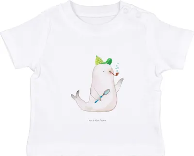 Produktbild von Mr. & Mrs. Panda  T-Shirt Robbe Sherlock 12. - 18. Monat - Weiß - Geschenk, Babyshirt, Lustige Sprüche, Kleinkind, Organic Baby, Oberteil