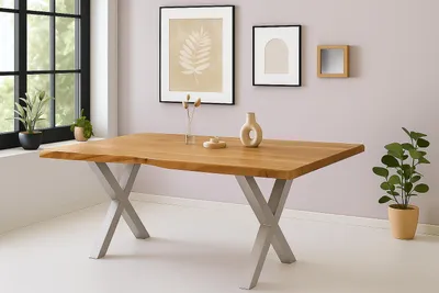 Produktbild von Esstisch Baumkante Akazie massiv 50mm Natur 300 x 100 cm X-Gestell silber CALI