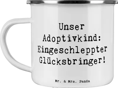 Produktbild von Mr. & Mrs. Panda Haferl Spruch Adoptivkind Glücksbringer - Weiß - Geschenk, Verwandte, Emaille Becher, Teetasse, Liebe, Adoption, Handgefertigte Produkte, Pott, Tasse