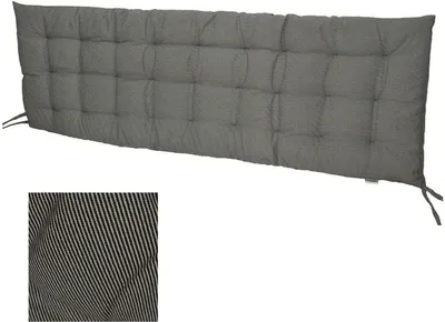 A long, tufted cushion for a garden bench, shown against a white background. A close-up of the fabric pattern is also shown.