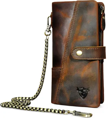 Produktbild von Echtleder Crazy Horse Leder Reisen Geschenk Münztasche Kartenetui Lang Organizer Brieftasche Kette RFID Geldbörse mit Snap für Männer