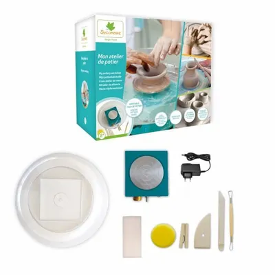 A collage of a pottery workshop kit and its packaging.