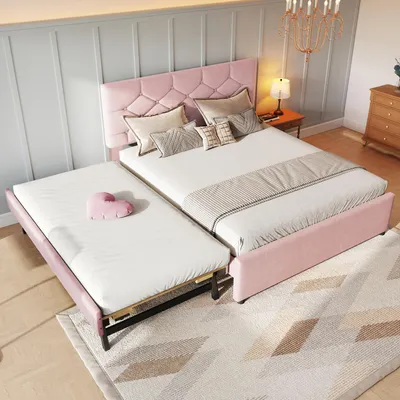 Produktbild von STILVORA Polsterbett 140x200cm Kinderbett mit Stauraum Bettgestell mit Lattenrost Stauraumbett mit Ausziehbett,Minimalistisch, Rosa,ohne matratze