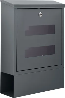 A dark gray mailbox with two rectangular windows on the front.