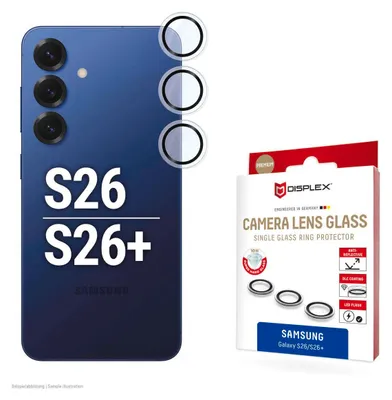 Produktbild von Displex Premium Camera Lens Glass, Samsung S26/S26+, Einzelringe, Schutzringe, 10H, transparent, Quick Mount, Samsung, Galaxy S26/S26+, Staubresistent, Schlagfest, Kratzresistent, 1 Stück(e)
