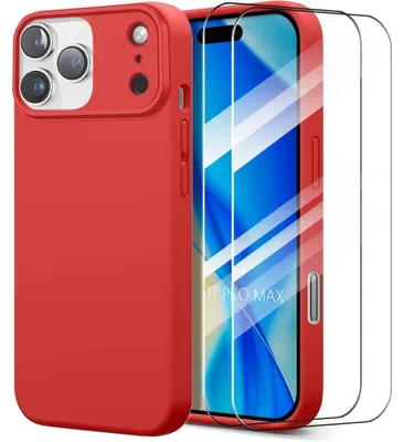 Image de Coque + 2 Verres Trempés pour iPhone 17 Pro Max, Silicone Liquide Antichoc Slim Souple Effet Mat Rouge