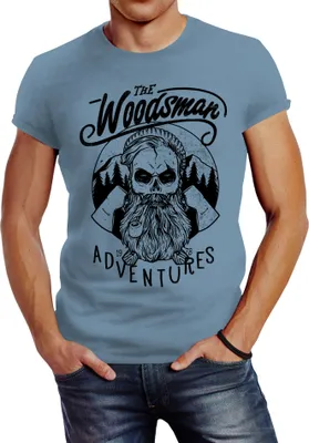 Produktbild von Herren T-Shirt Lumberjack Woodsman Hipster Bart Skull Totenkopf Neverless® stone blue XXL