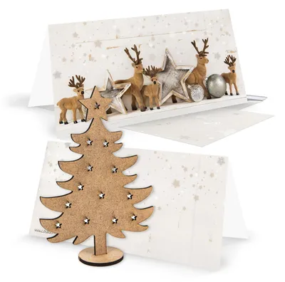 Produktbild von 3 Weihnachskarten silber weiß mit Kuvert + Weihnachtsbaum aus Holz