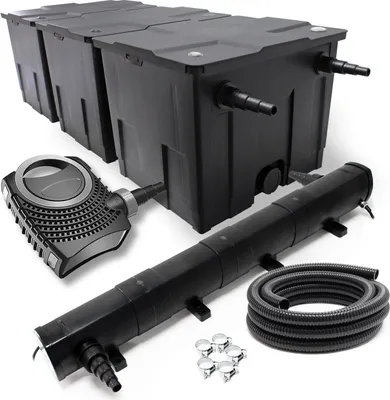 Zdjęcie produktu dla Kompletny zestaw Wiltec: filtr do oczka wodnego CBF-350C o pojemności do 90000 l, pompa do oczka wodnego NEO10000 10000 l/h 80 W, osadnik do oczka wodnego CUV-272 72 W, wąż do oczka wodnego 10 m 38 mm, opaski zaciskowe W1 44-47 mm