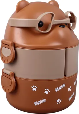 Imagen del producto de Lonchera Bento de dos niveles, portátil, reutilizable, a prueba de fugas, para llevar alimentos, ideal para la escuela, el trabajo, acampar. Color: café (tono oso)
