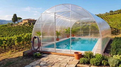 Produktbild von Poolabdeckung von Garten Dream. 5x8m mit 6mm polycarbonate Ganzjährige Nutzung. Schnee- und winddicht. Türen auf jeder Seite. Rostschutz.