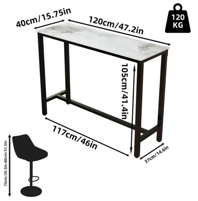 Immagine prodotto di Tavolo da bar rettangolare - Piano di lavoro alto per cucina / Tavolo da bar - 120x40x105 cm - Struttura in metallo - Piano in pietra sinterizzata - Adatto per cucina, sala da pranzo e ufficio