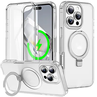 Immagine prodotto di Per Apple iPhone 16 Pro pelle smerigliata sentire MagSafe anello titolare 360 gradi caso trasparente