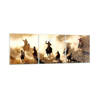 Produktbild von Bilder auf glas - Cowboys Pferde Galopp - 90x30cm - Glasbilder - Wandbilder - Kunstdruck - zum Aufhängen bereit - Wanddekoration aus Glas - Glas Bilder - Wandbild auf Glas - 3 Teile - GCA90x30-2693