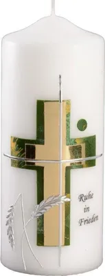 Produktbild von Trauerkerze "Kreuz gold, Ähren silber, Dekor grün-gold" 200 x 80 mm mit Klarsichtkarton