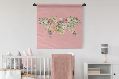 Produktbild von MuchoWow® Wandteppich Wandbehang Weltkarte - Blumen - Pastell 90x90 cm Tapisserie Dekoration Wandtuch - Wandaufhänger