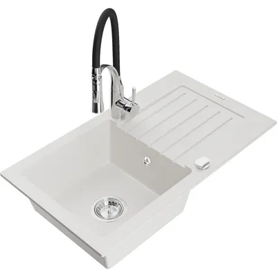 Obrázek produktu pro Mexen Pablo 1-miskový granitový dřez s odkapávačem a kuchyňskou baterií Aster, Bílá - 6510-20-73450-07