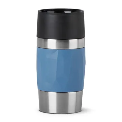 A blue and silver insulated travel mug with a black lid, presented against a white background.