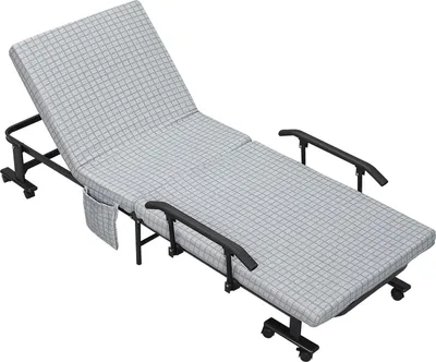 Produktbild von Klappbett Gästebett mit Rollen, Sessel, 5-stufig verstellbare Rückenlehne, Reisebett, Stahlrahmen, Hellgrau+Schwarz, 190x76x33cm