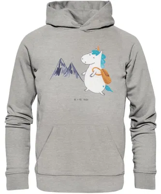 Produktbild von Mr. & Mrs. Panda Bedruckter Hoodie Einhorn Bergsteiger Größe M - Heather Grey - Geschenk, Abenteuer, Urlaub, Sweatshirt, Baumwollpulli, Einhörner, Unicorn, Pullover