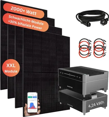 Produktbild von MYVOLTAICS Balkonkraftwerk 2000+ Watt mit Speicher Marstek Venus A 4,24 kW aufrüstbar, Nulleinspeisung & Notstrom möglich, optimales Einsteigermodell ohne Aufständerung