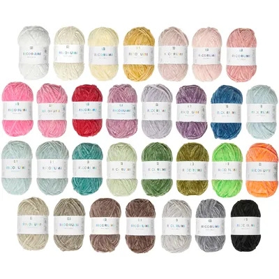 A collection of colorful yarn balls arranged in rows on a white background.